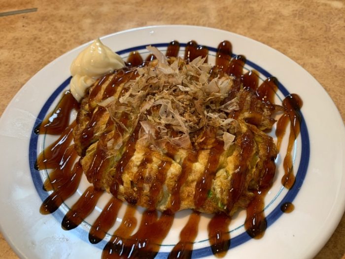 Pork crepe topped with okonomiyaki sauce and mayonnaise（とんぺい焼き）